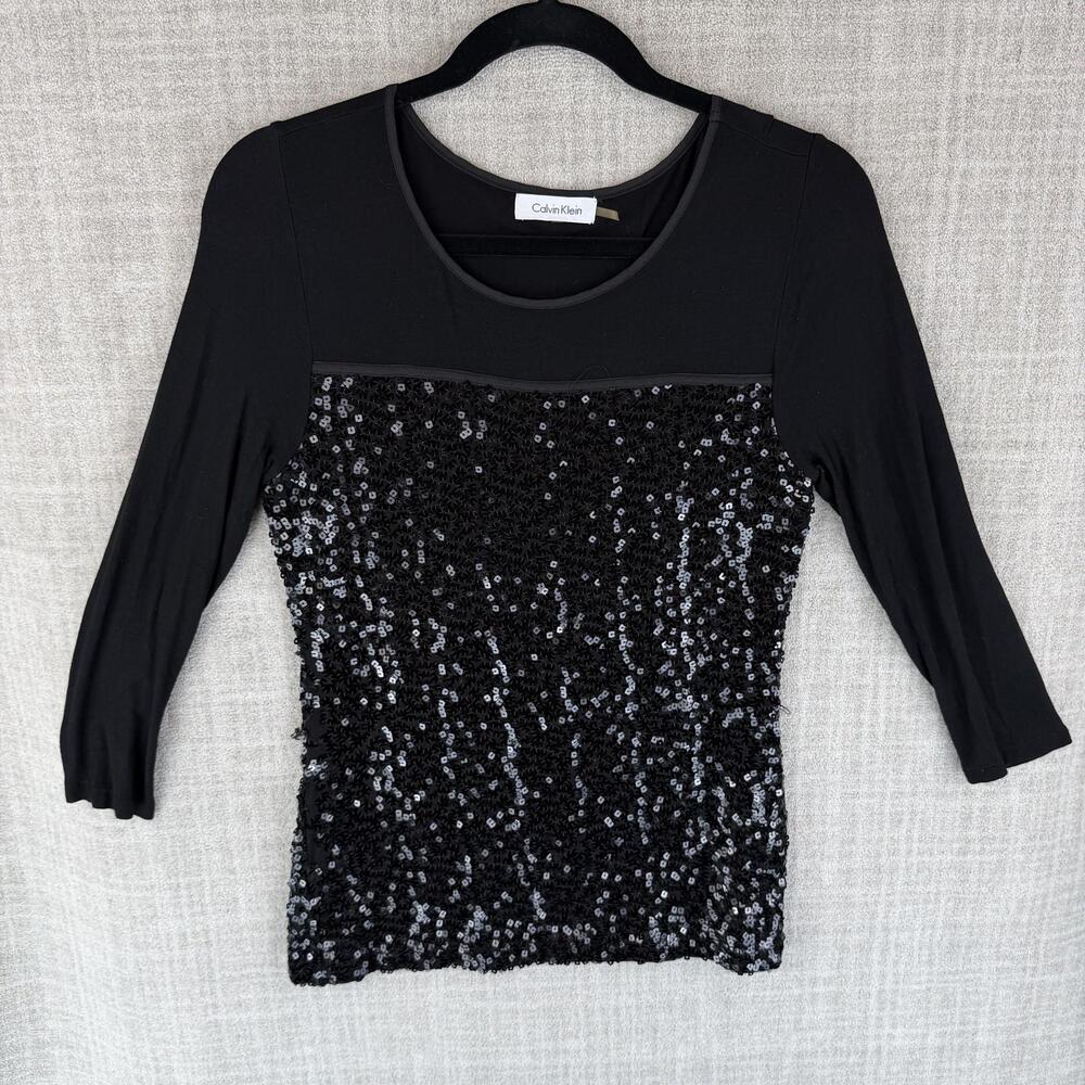 Calvin Klein Blouse Womens S Black Sequin Jersey Slim 3/4 Sleeve Party